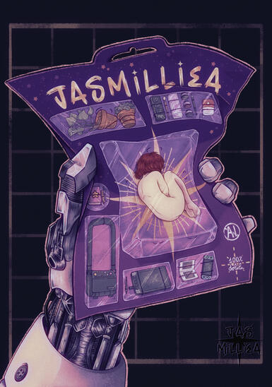 From a trend to realize yourself in a "toy packaging," with all your beloved trinkets surrounding you. I took inspiration from the situation I was feeling about generative AI.